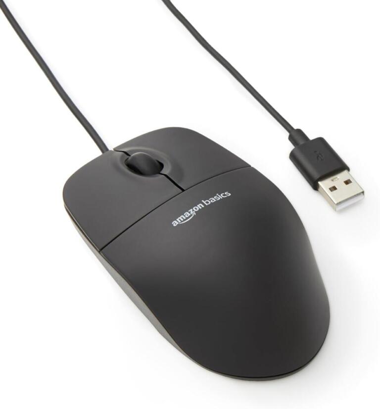 Amazon Basics Mouse USB com fio de 3 botões (preto), 1 unidade